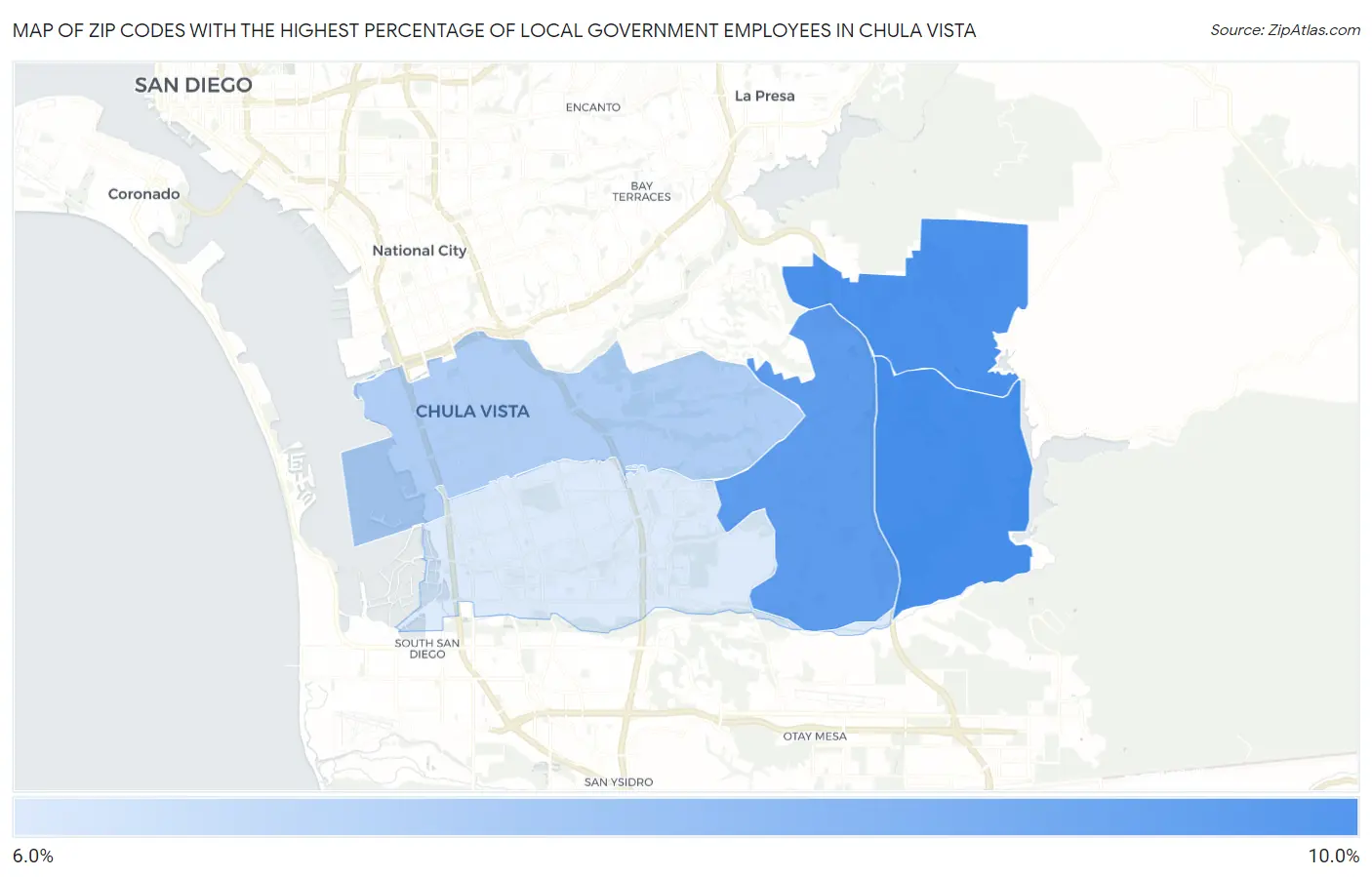 Zip Codes with the Highest Percentage of Local Government Employees in Chula Vista Map