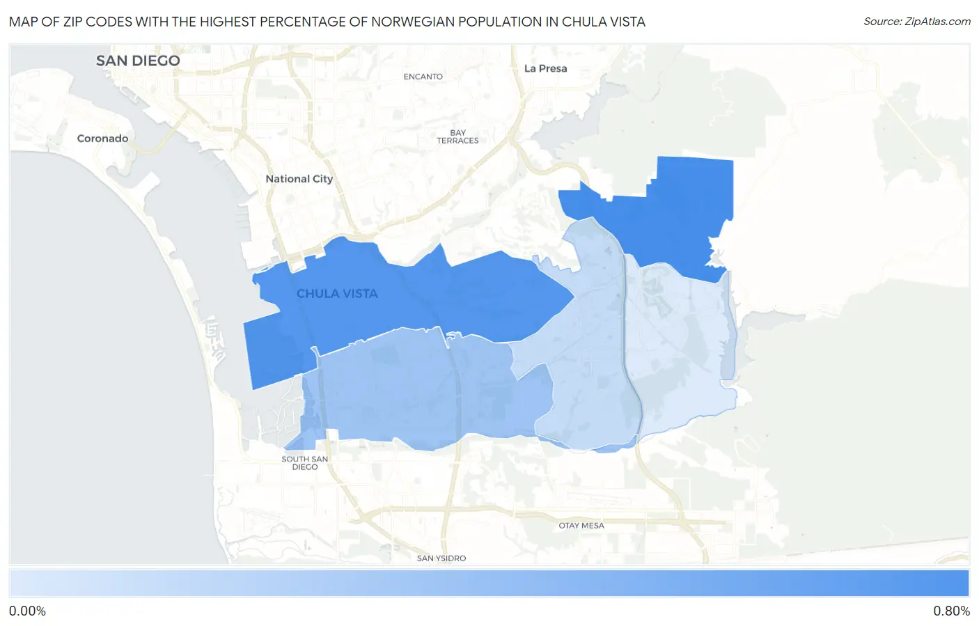 Zip Codes with the Highest Percentage of Norwegian Population in Chula Vista Map