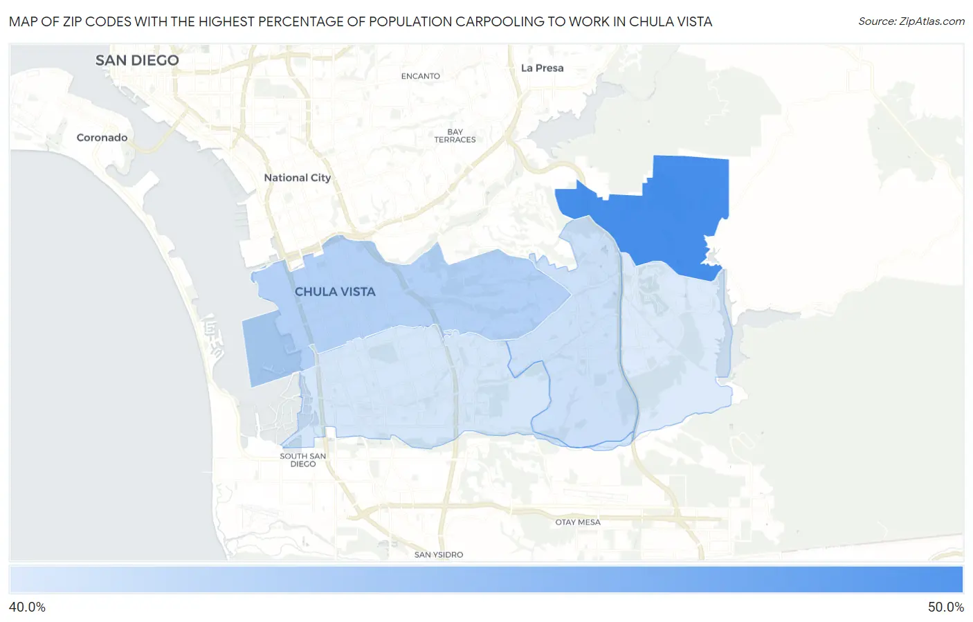 Zip Codes with the Highest Percentage of Population Carpooling to Work in Chula Vista Map