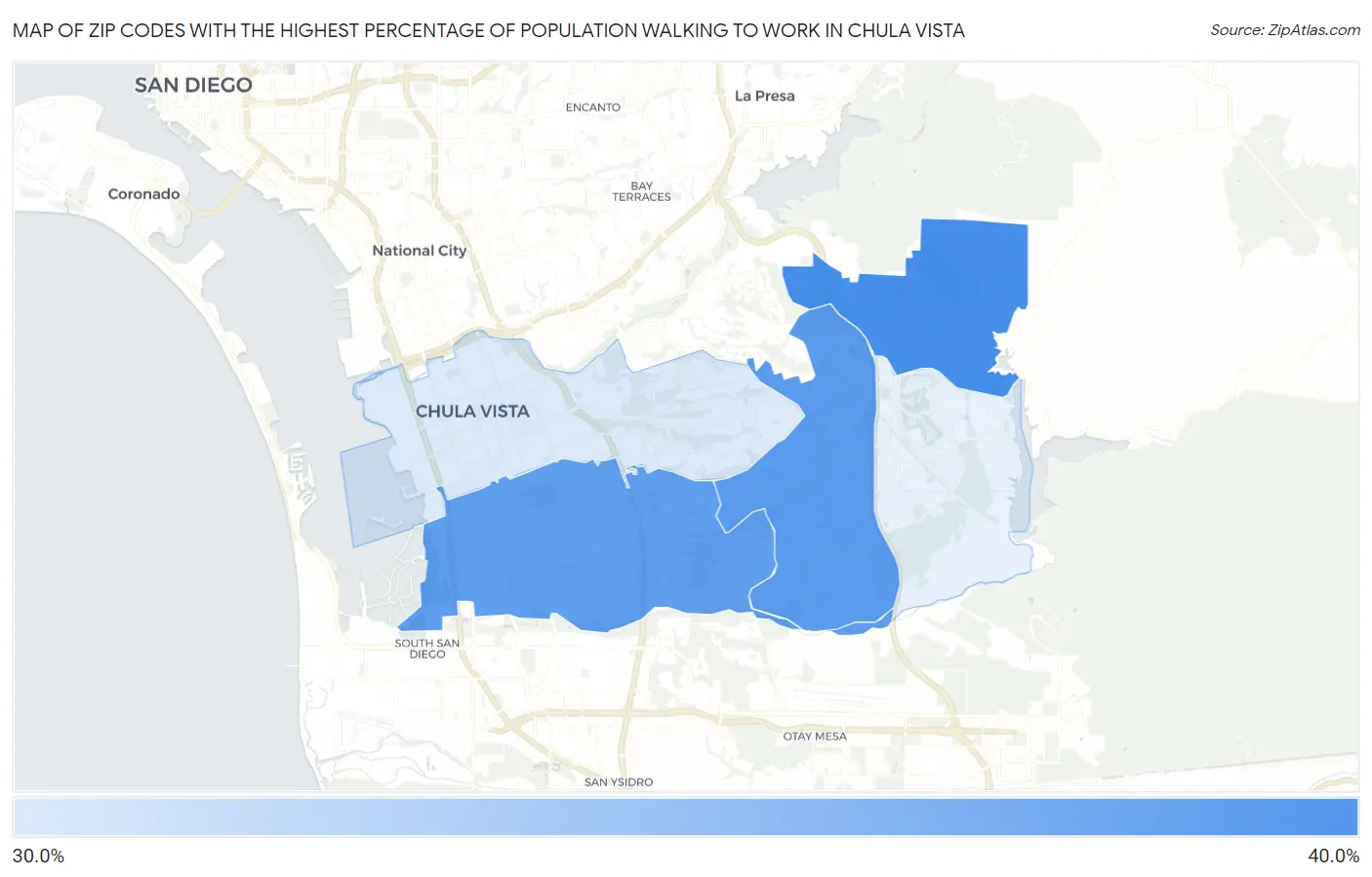 Zip Codes with the Highest Percentage of Population Walking to Work in Chula Vista Map