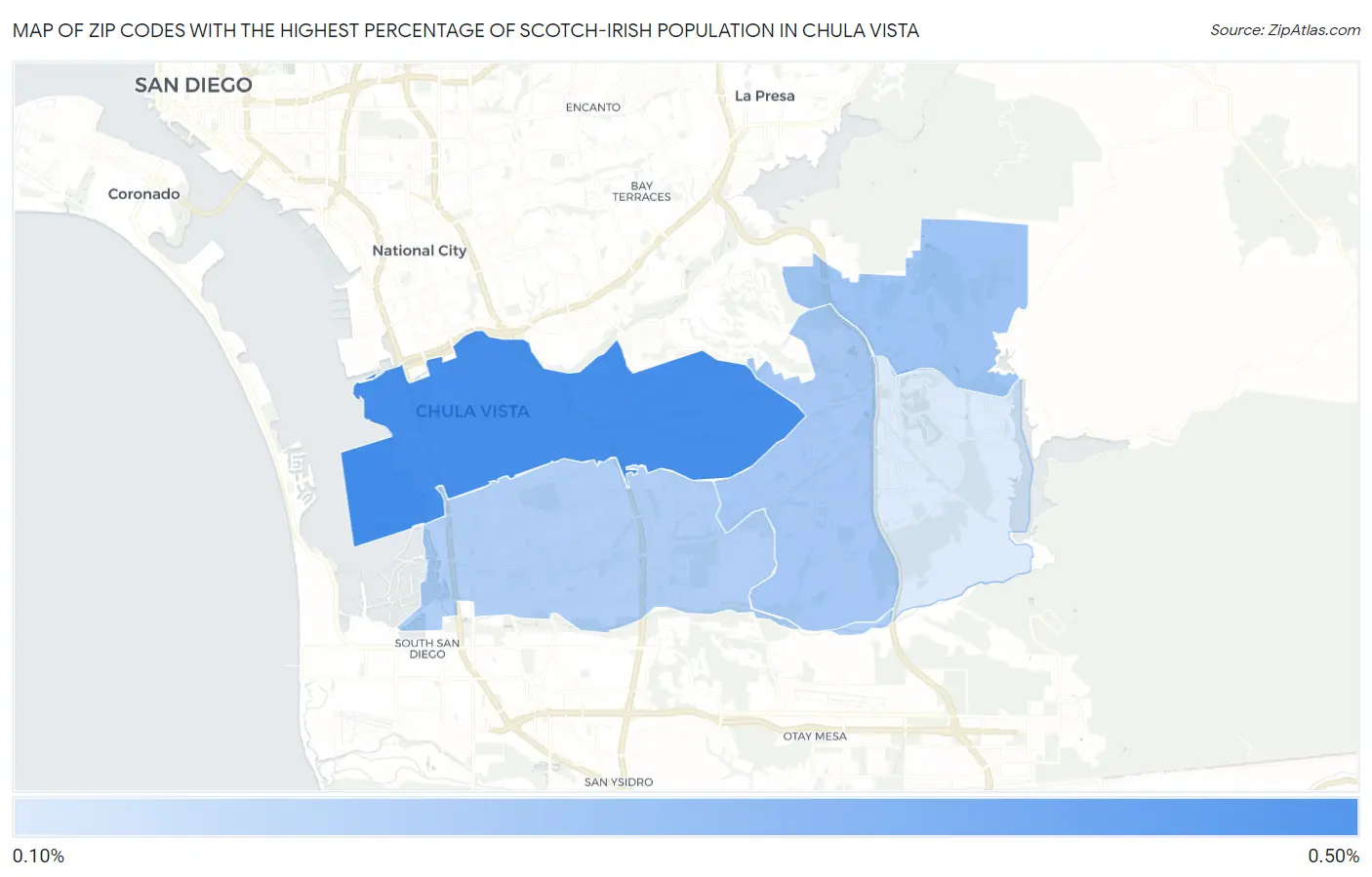 Zip Codes with the Highest Percentage of Scotch-Irish Population in Chula Vista Map