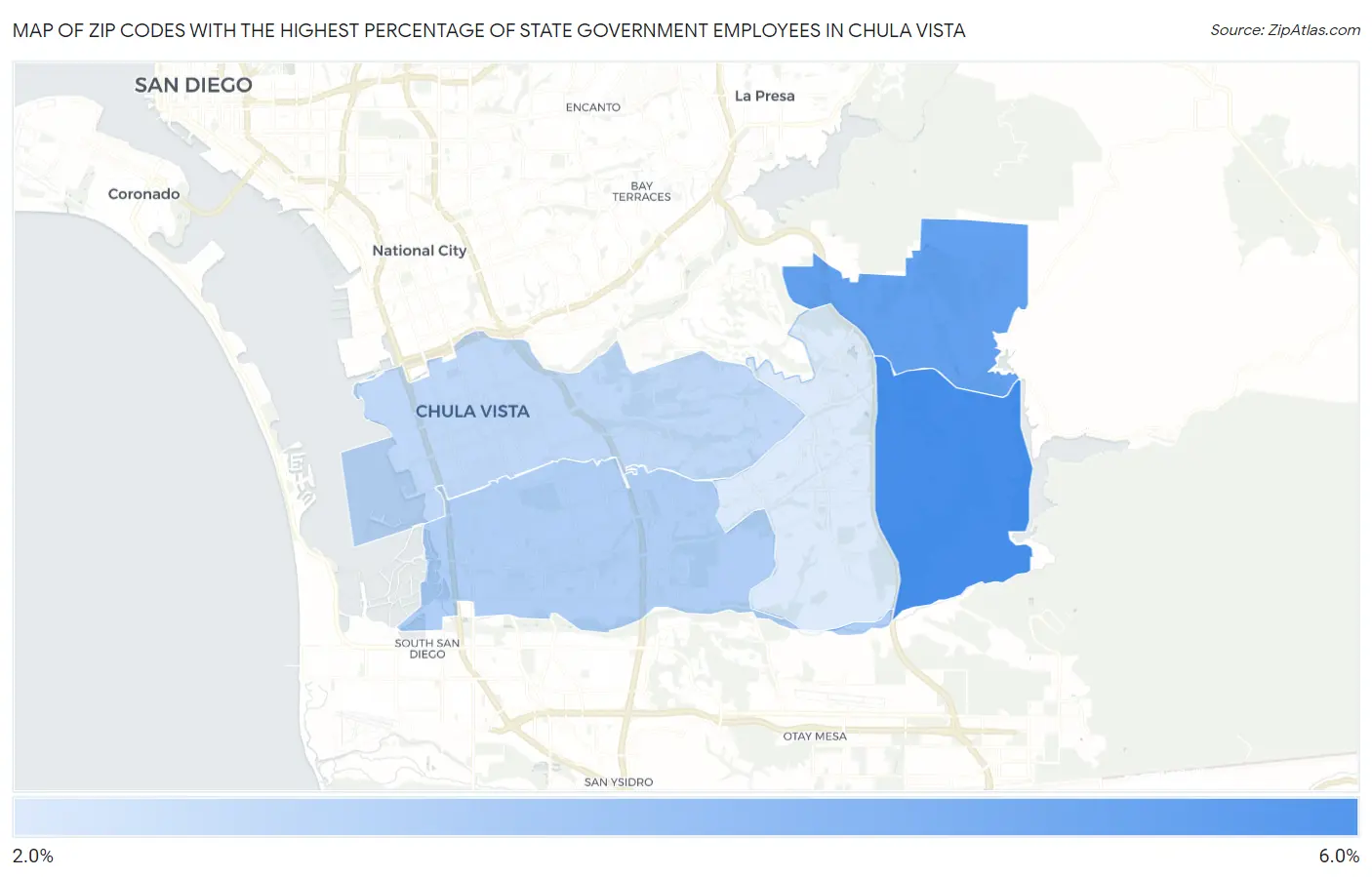 Zip Codes with the Highest Percentage of State Government Employees in Chula Vista Map
