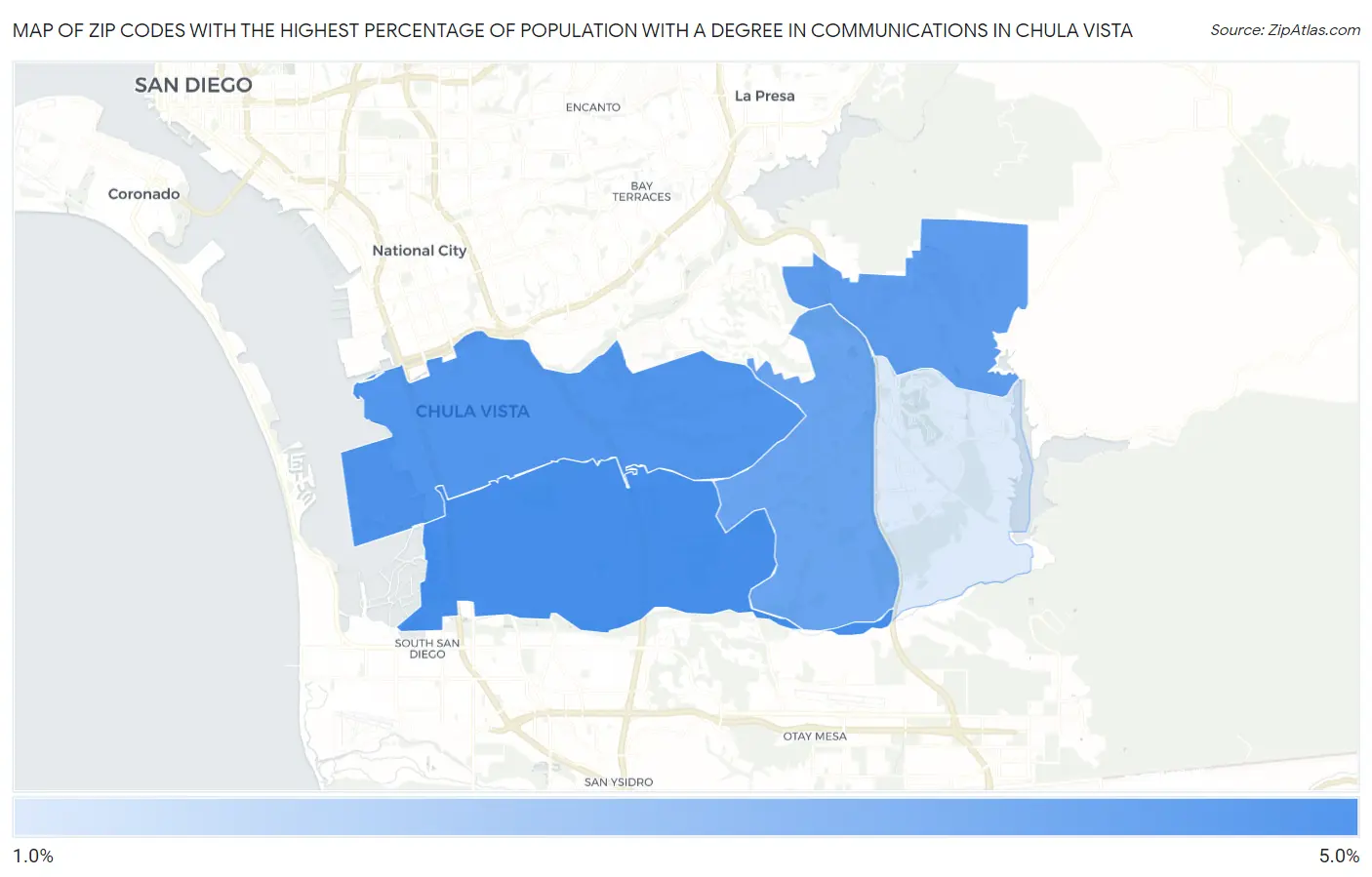 Zip Codes with the Highest Percentage of Population with a Degree in Communications in Chula Vista Map