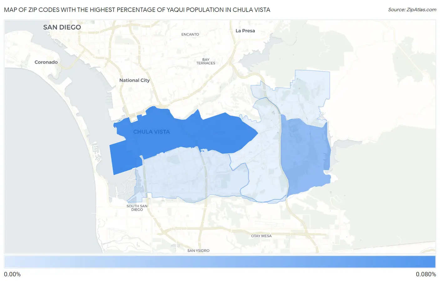 Zip Codes with the Highest Percentage of Yaqui Population in Chula Vista Map
