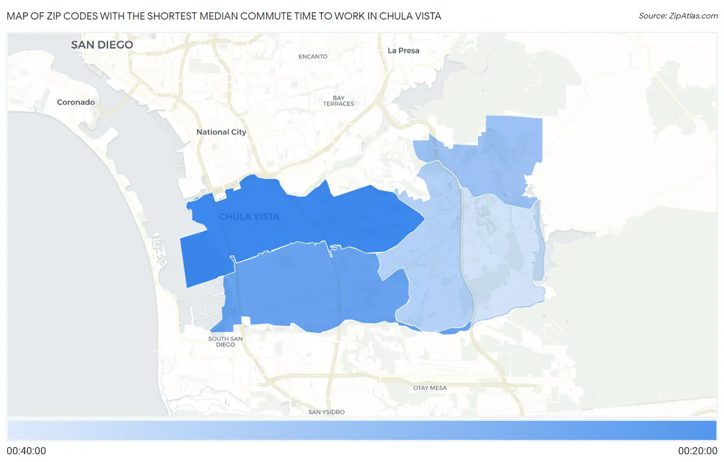 Zip Codes with the Shortest Median Commute Time to Work in Chula Vista Map
