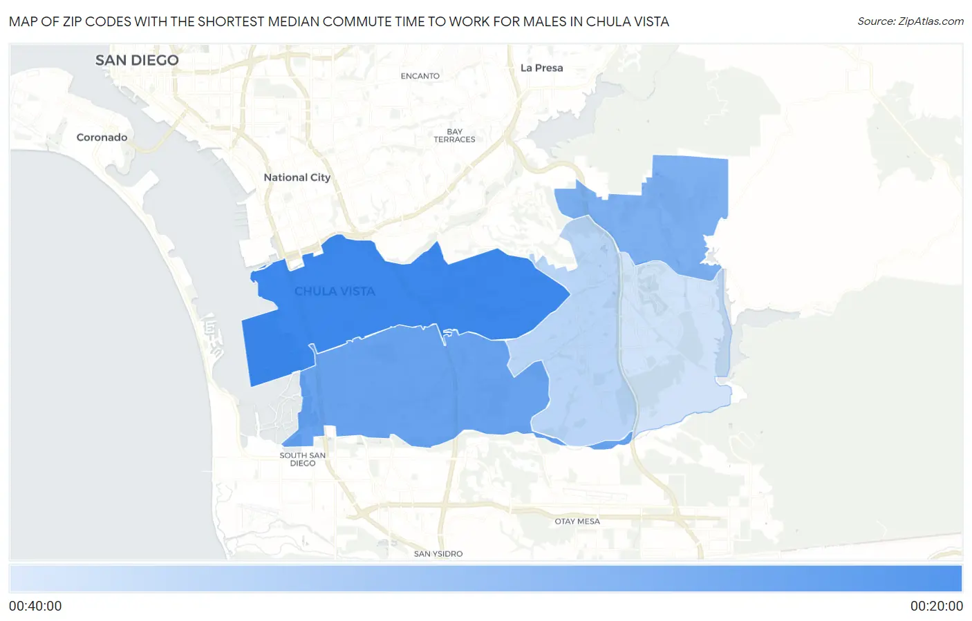 Zip Codes with the Shortest Median Commute Time to Work for Males in Chula Vista Map