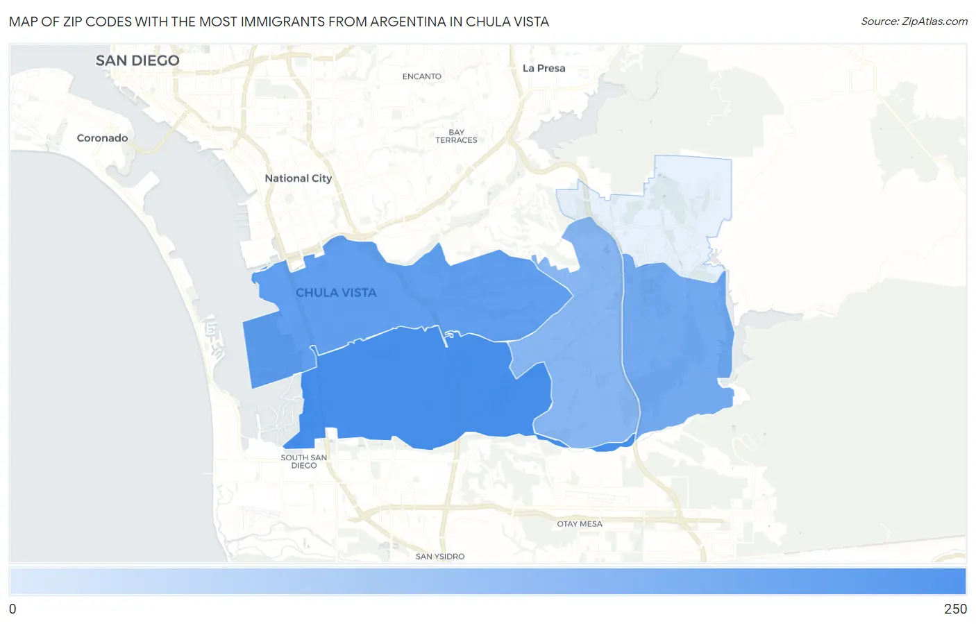 Zip Codes with the Most Immigrants from Argentina in Chula Vista Map