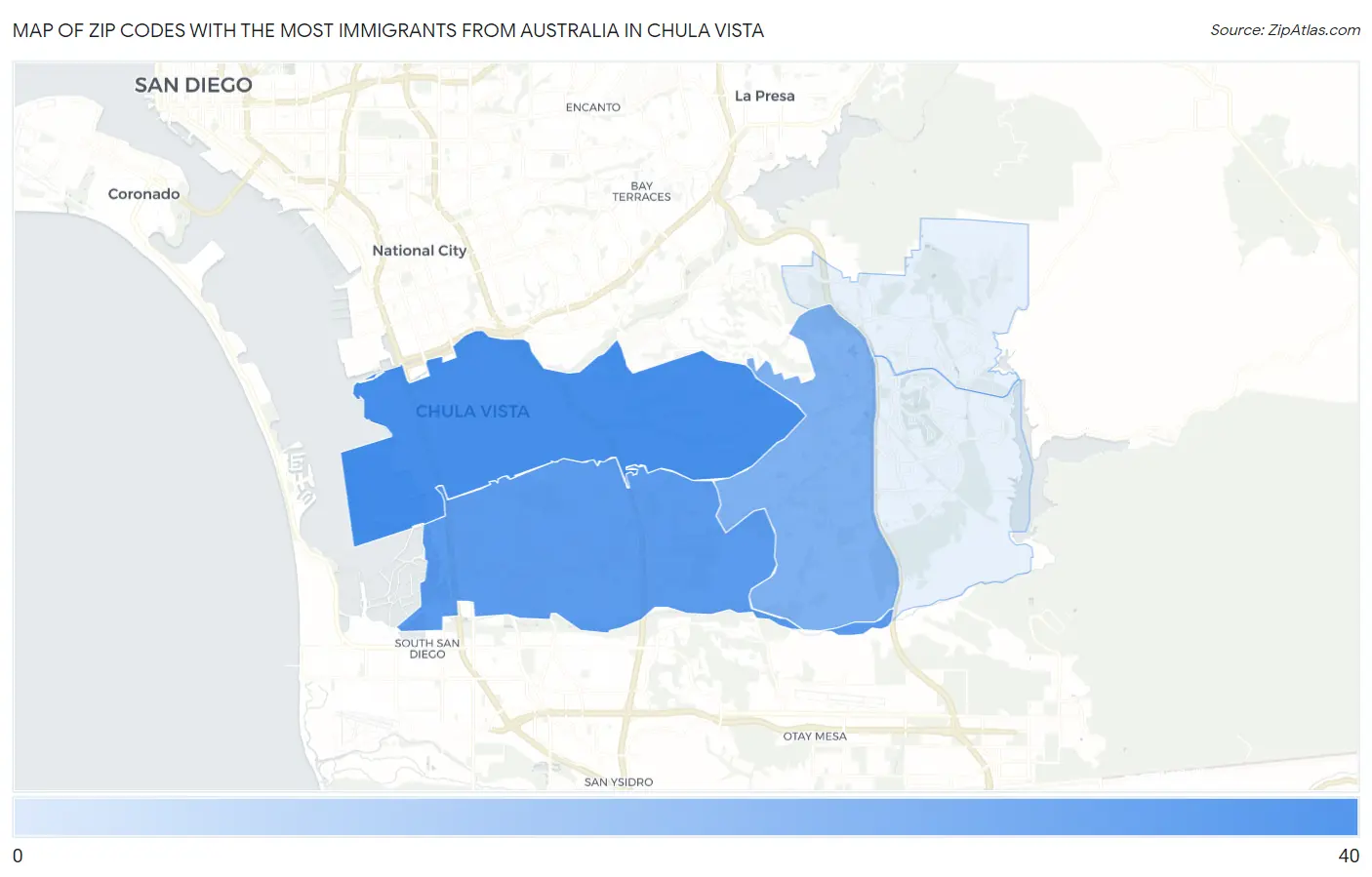 Zip Codes with the Most Immigrants from Australia in Chula Vista Map