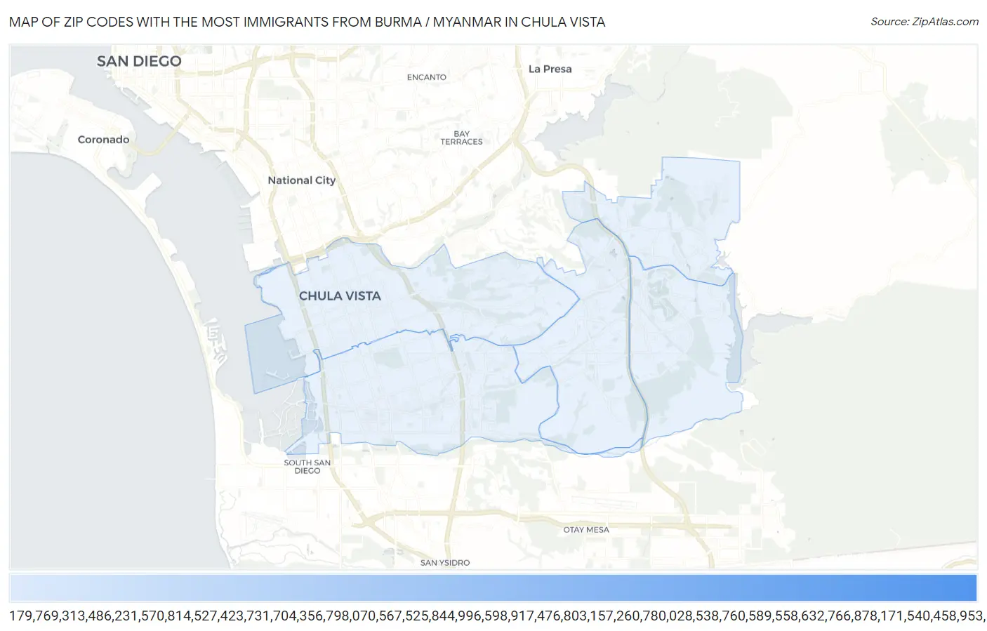 Zip Codes with the Most Immigrants from Burma / Myanmar in Chula Vista Map