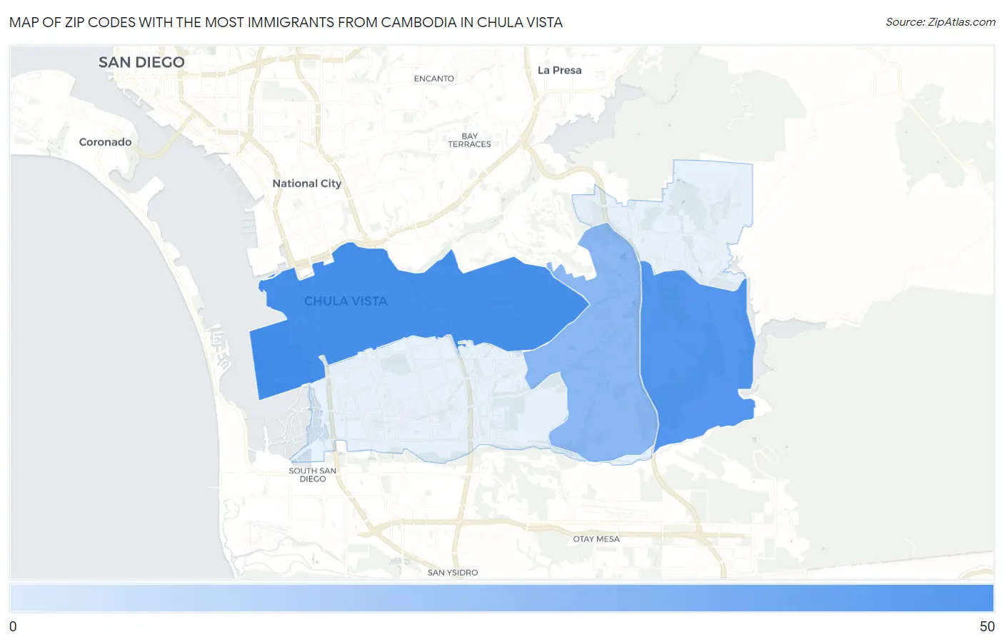 Zip Codes with the Most Immigrants from Cambodia in Chula Vista Map