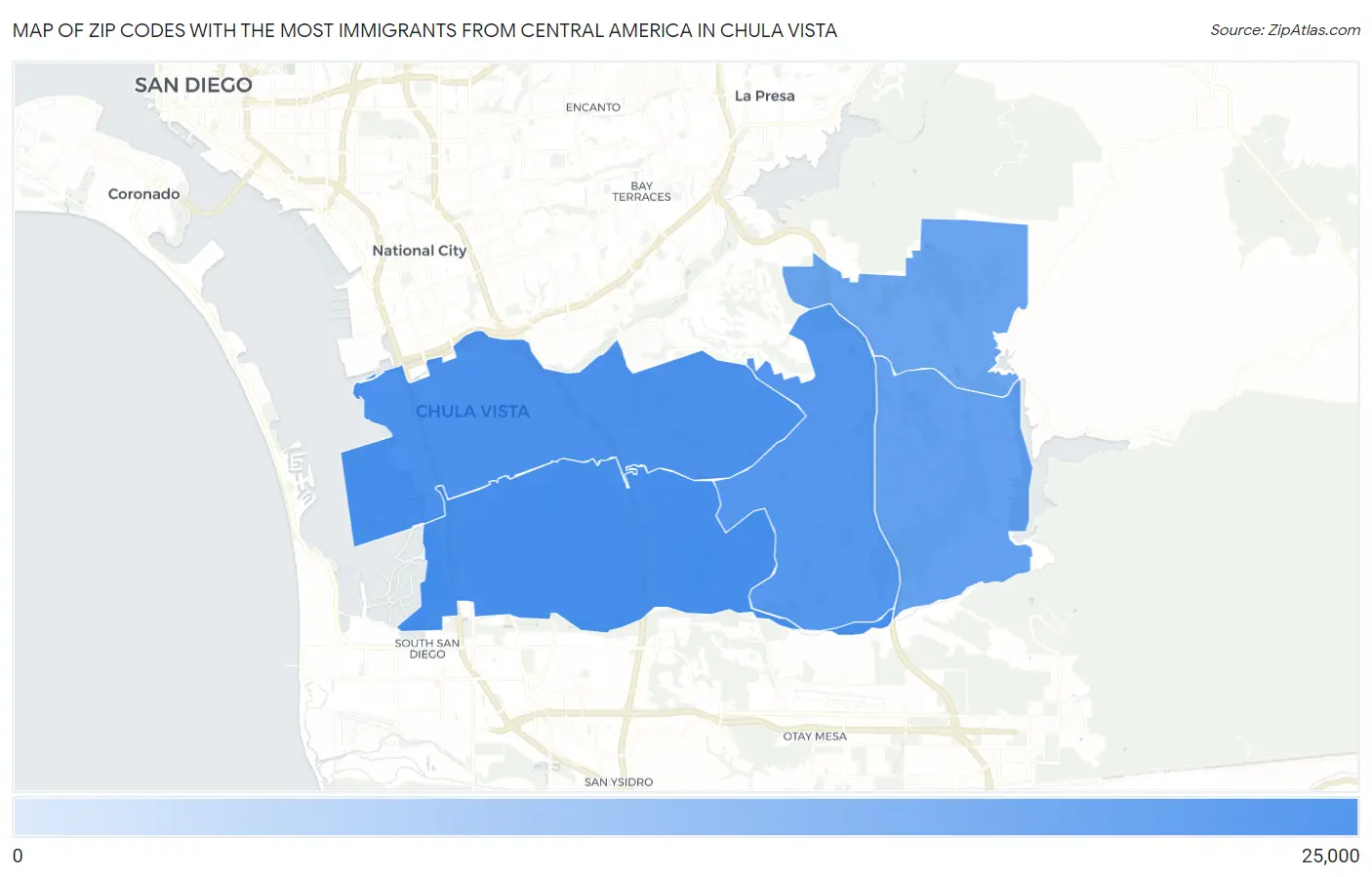 Zip Codes with the Most Immigrants from Central America in Chula Vista Map