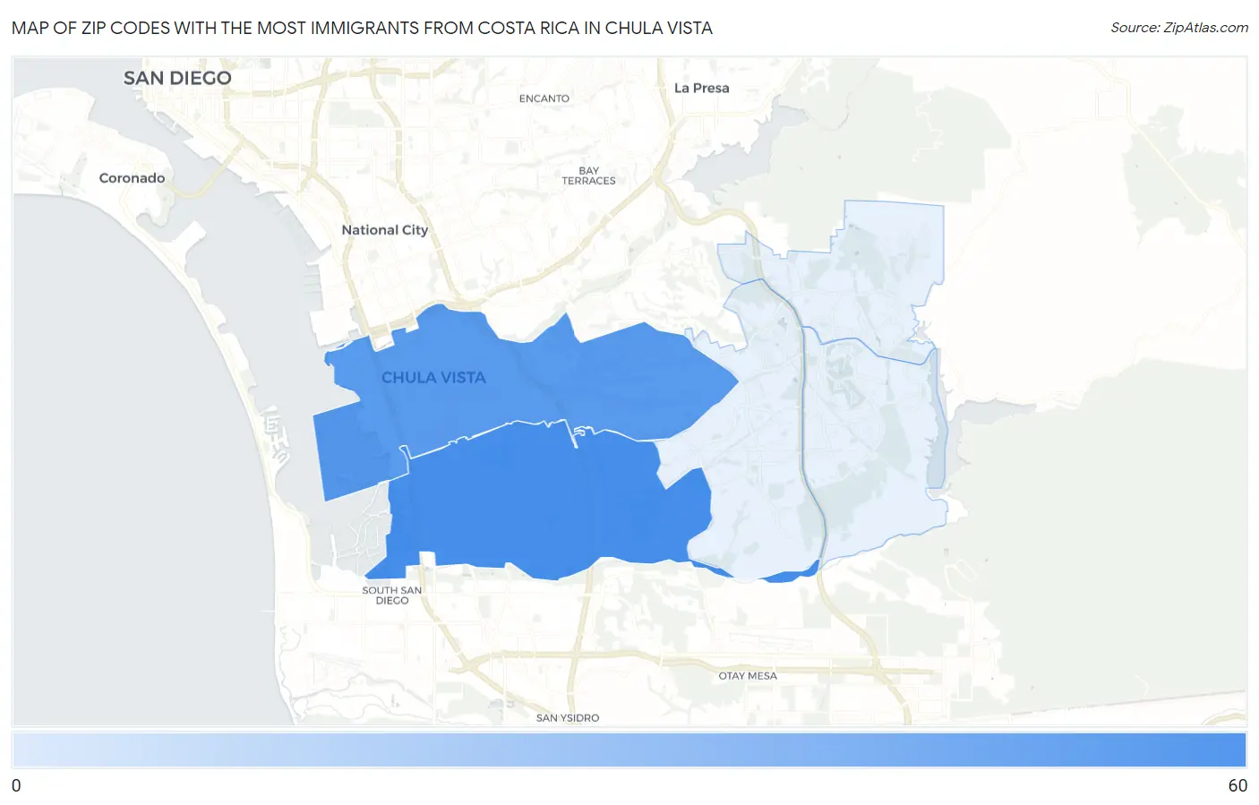 Zip Codes with the Most Immigrants from Costa Rica in Chula Vista Map