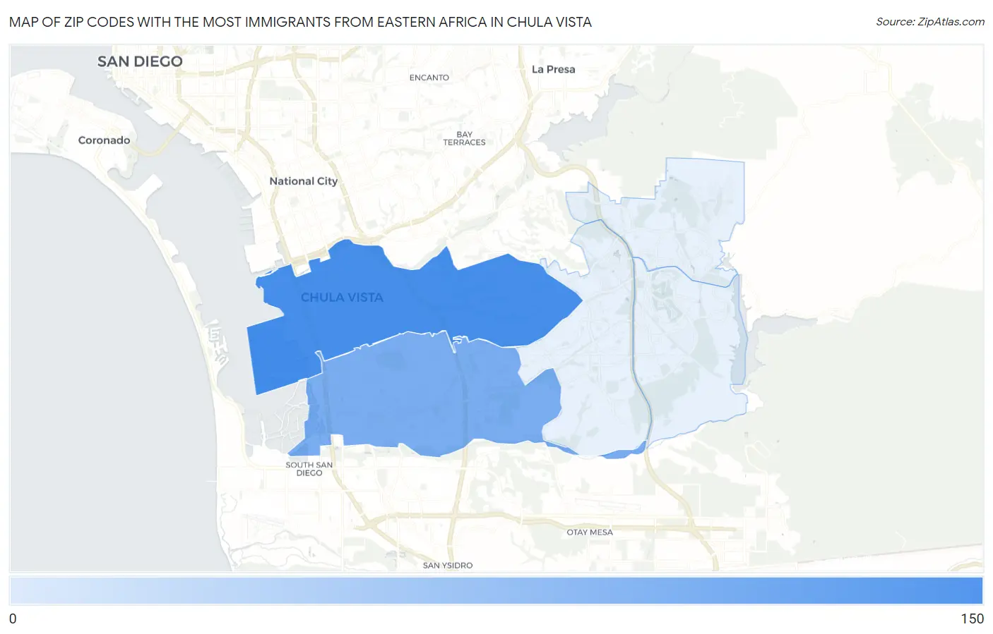 Zip Codes with the Most Immigrants from Eastern Africa in Chula Vista Map
