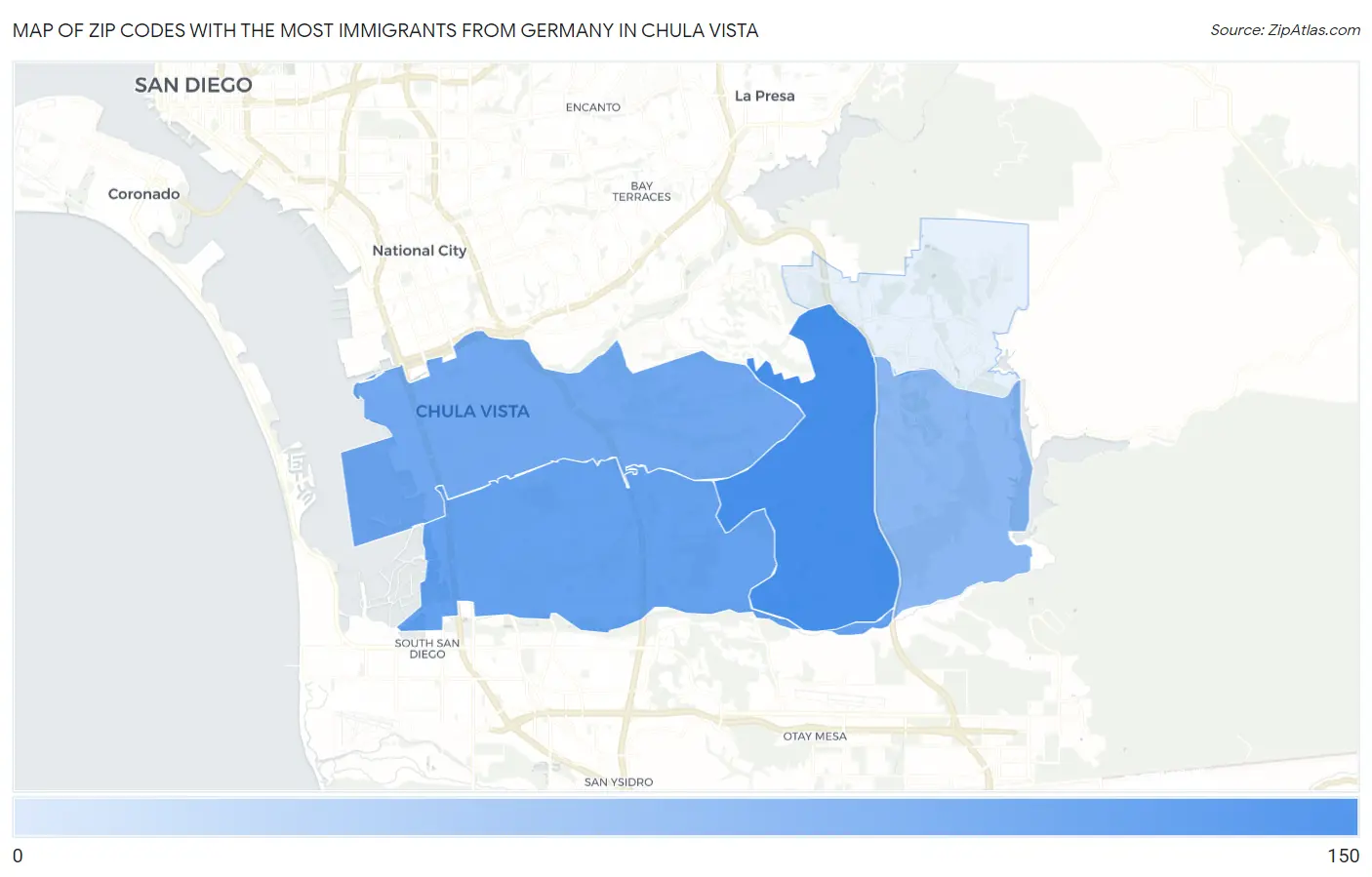 Zip Codes with the Most Immigrants from Germany in Chula Vista Map