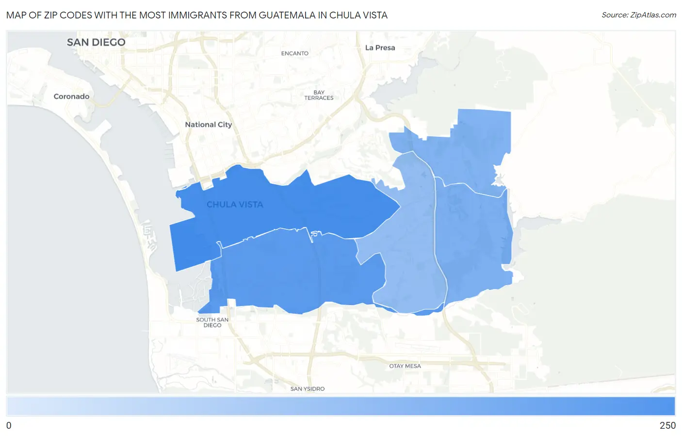 Zip Codes with the Most Immigrants from Guatemala in Chula Vista Map