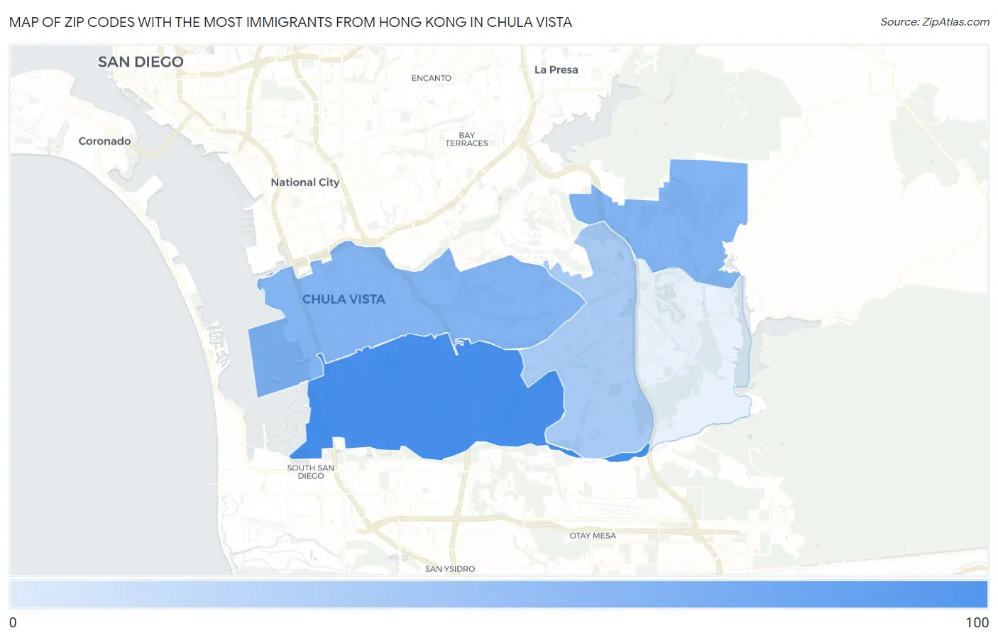 Zip Codes with the Most Immigrants from Hong Kong in Chula Vista Map