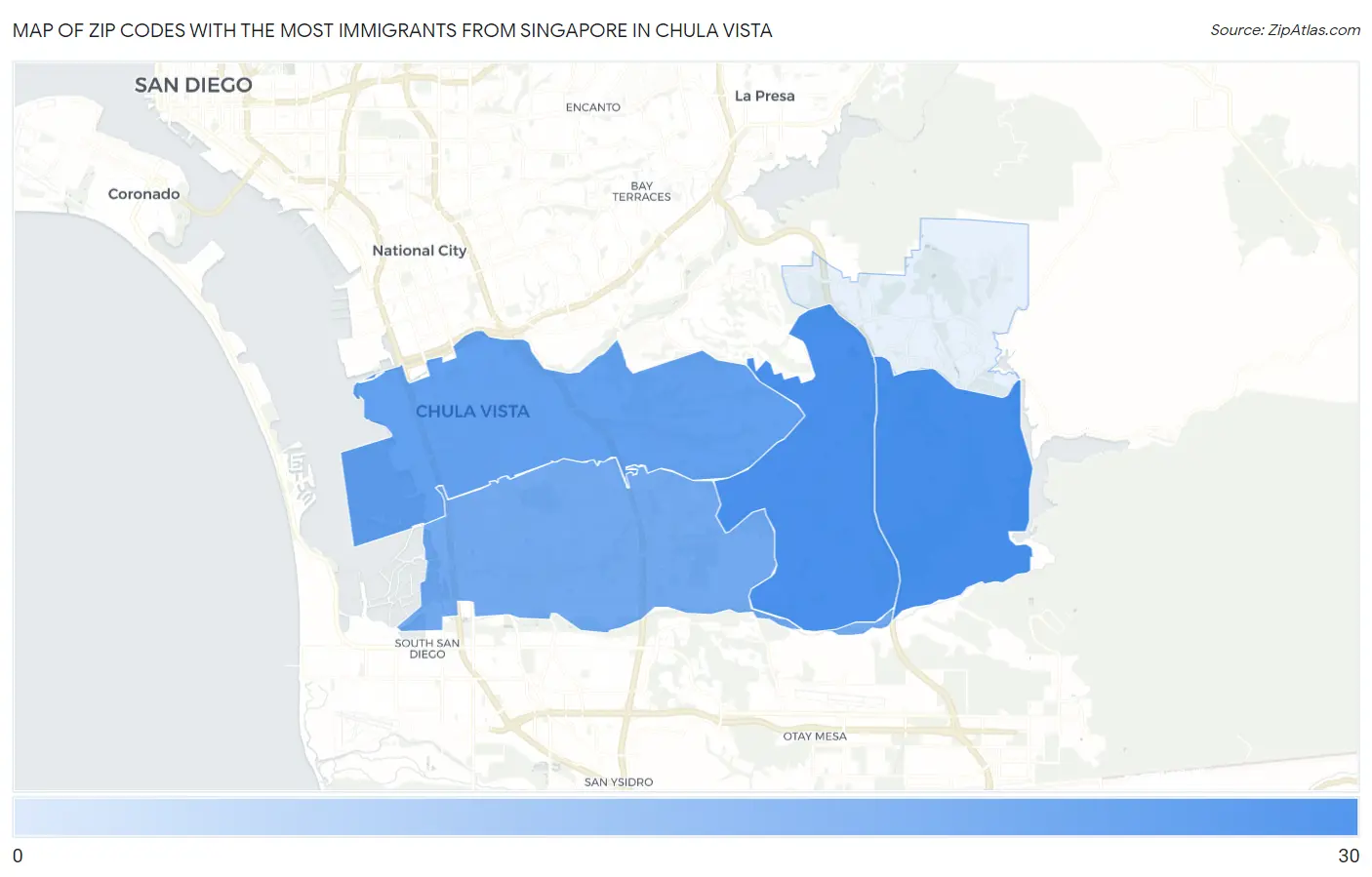 Zip Codes with the Most Immigrants from Singapore in Chula Vista Map