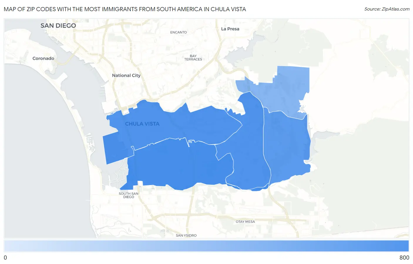 Zip Codes with the Most Immigrants from South America in Chula Vista Map