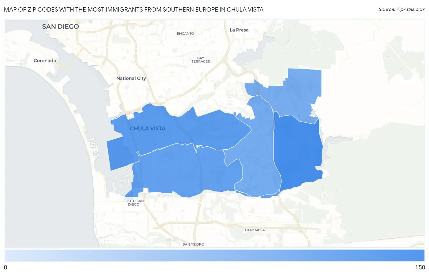 Zip Codes with the Most Immigrants from Southern Europe in Chula Vista Map
