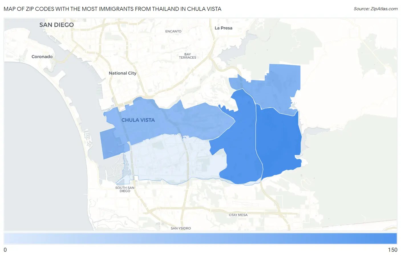 Zip Codes with the Most Immigrants from Thailand in Chula Vista Map
