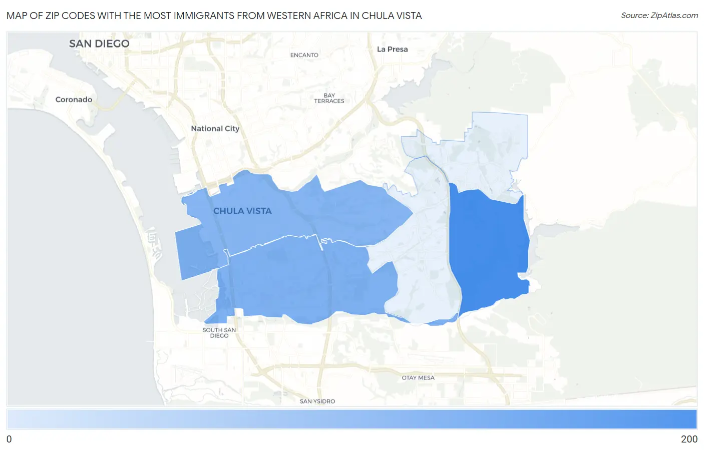 Zip Codes with the Most Immigrants from Western Africa in Chula Vista Map