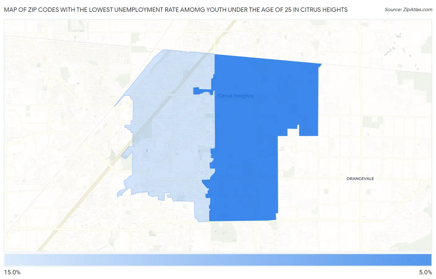 Zip Codes with the Lowest Unemployment Rate Amomg Youth Under the Age of 25 in Citrus Heights Map