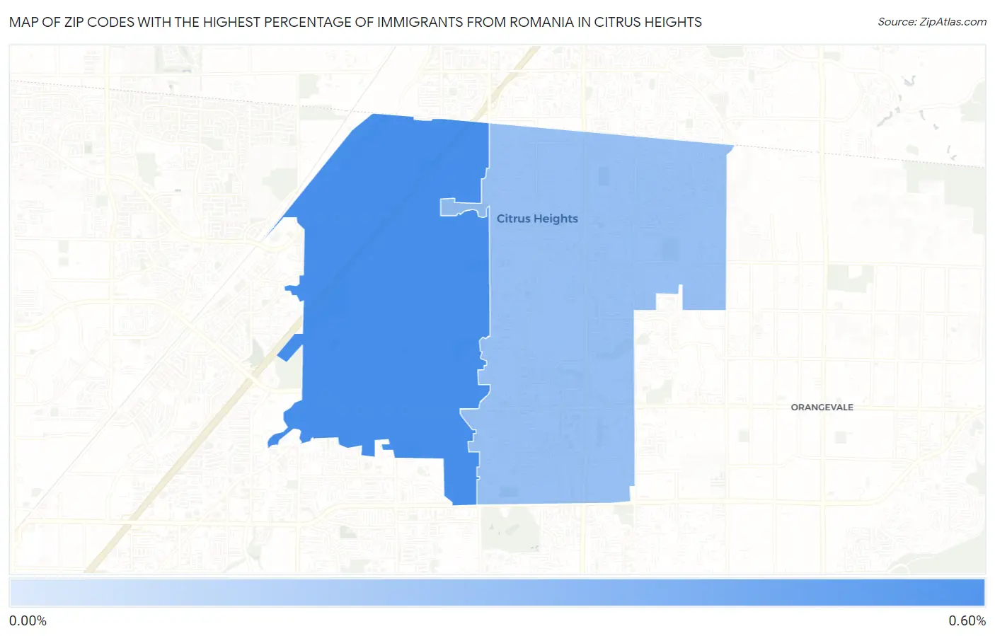 Zip Codes with the Highest Percentage of Immigrants from Romania in Citrus Heights Map