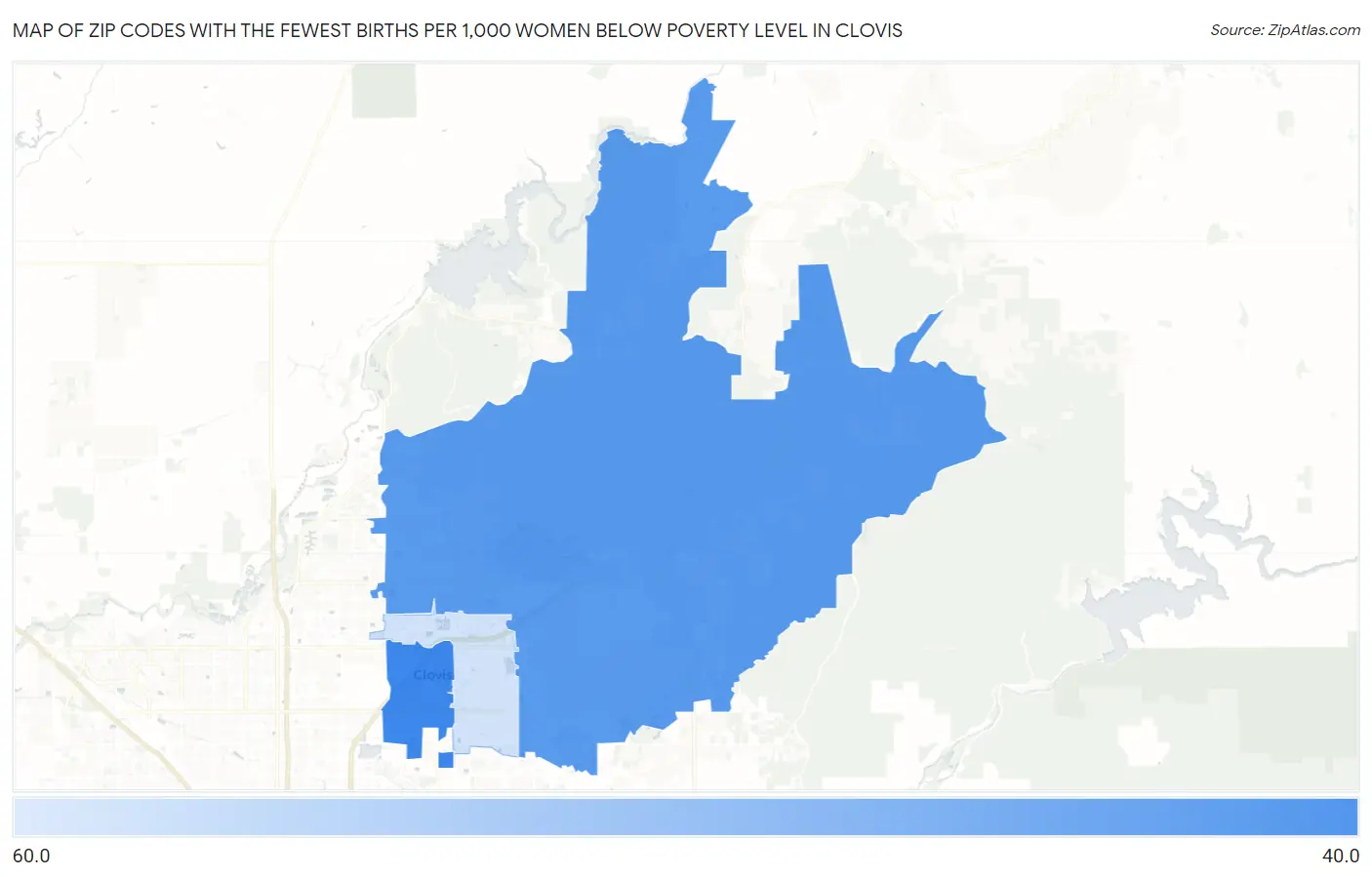 Zip Codes with the Fewest Births per 1,000 Women Below Poverty Level in Clovis Map
