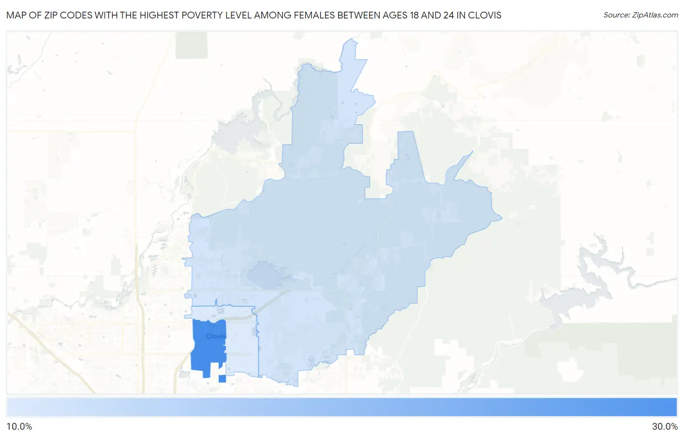 Zip Codes with the Highest Poverty Level Among Females Between Ages 18 and 24 in Clovis Map