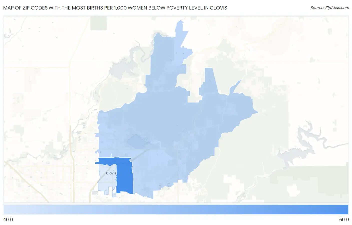 Zip Codes with the Most Births per 1,000 Women Below Poverty Level in Clovis Map