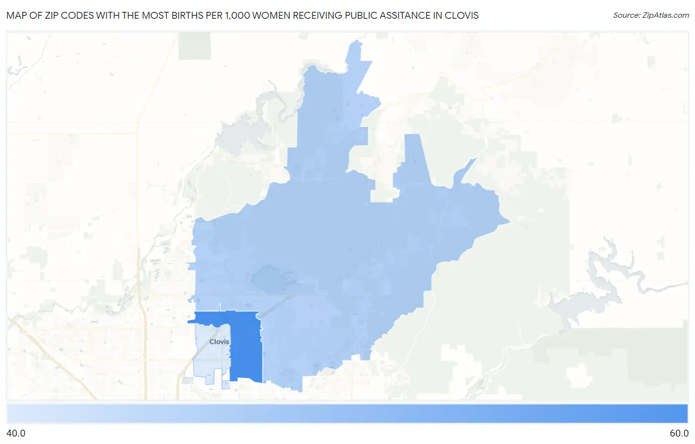 Zip Codes with the Most Births per 1,000 Women Receiving Public Assitance in Clovis Map