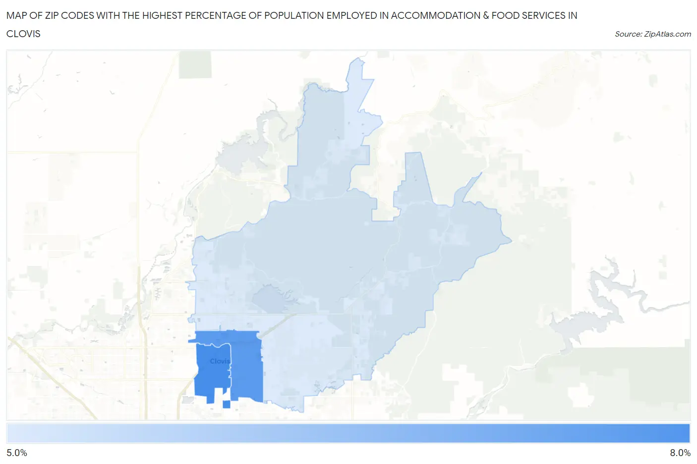 Zip Codes with the Highest Percentage of Population Employed in Accommodation & Food Services in Clovis Map
