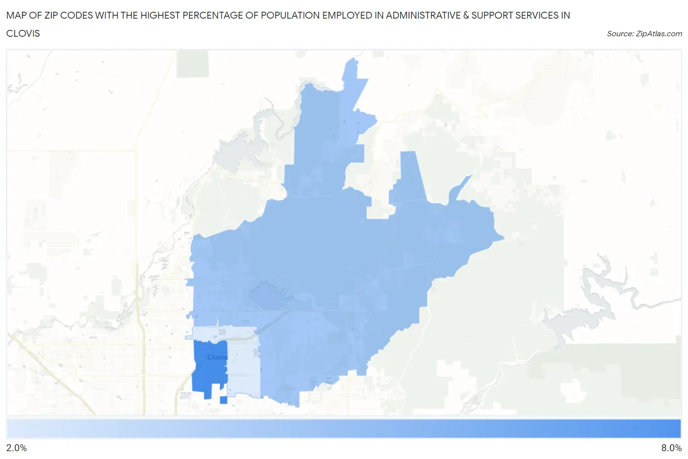 Zip Codes with the Highest Percentage of Population Employed in Administrative & Support Services in Clovis Map