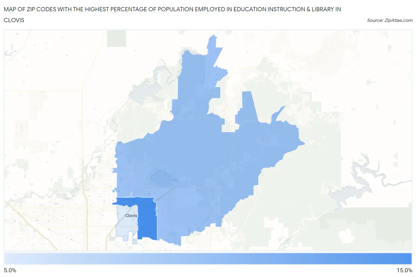 Zip Codes with the Highest Percentage of Population Employed in Education Instruction & Library in Clovis Map