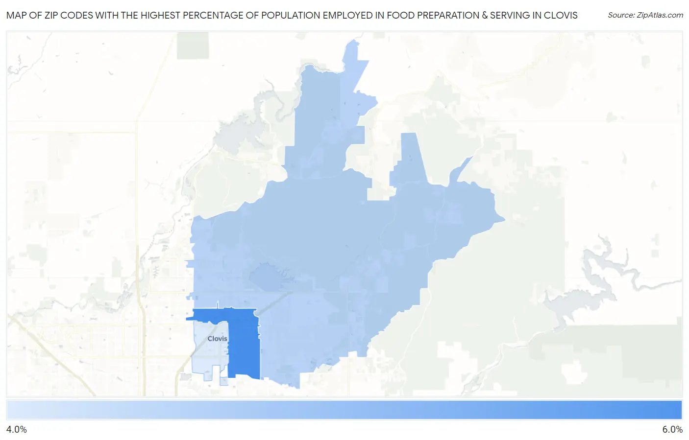 Zip Codes with the Highest Percentage of Population Employed in Food Preparation & Serving in Clovis Map