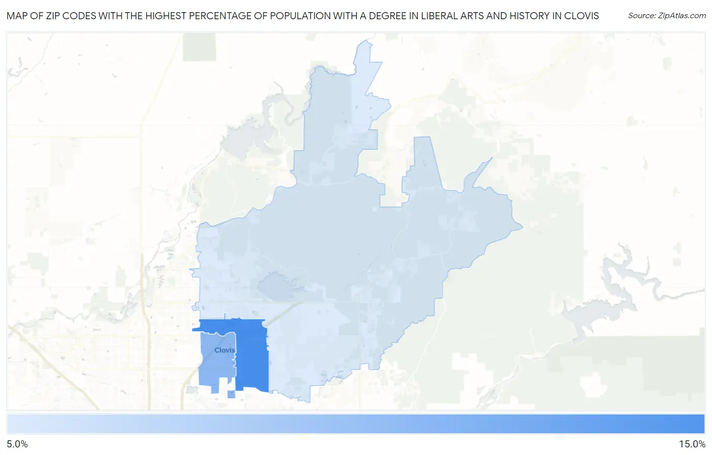 Zip Codes with the Highest Percentage of Population with a Degree in Liberal Arts and History in Clovis Map