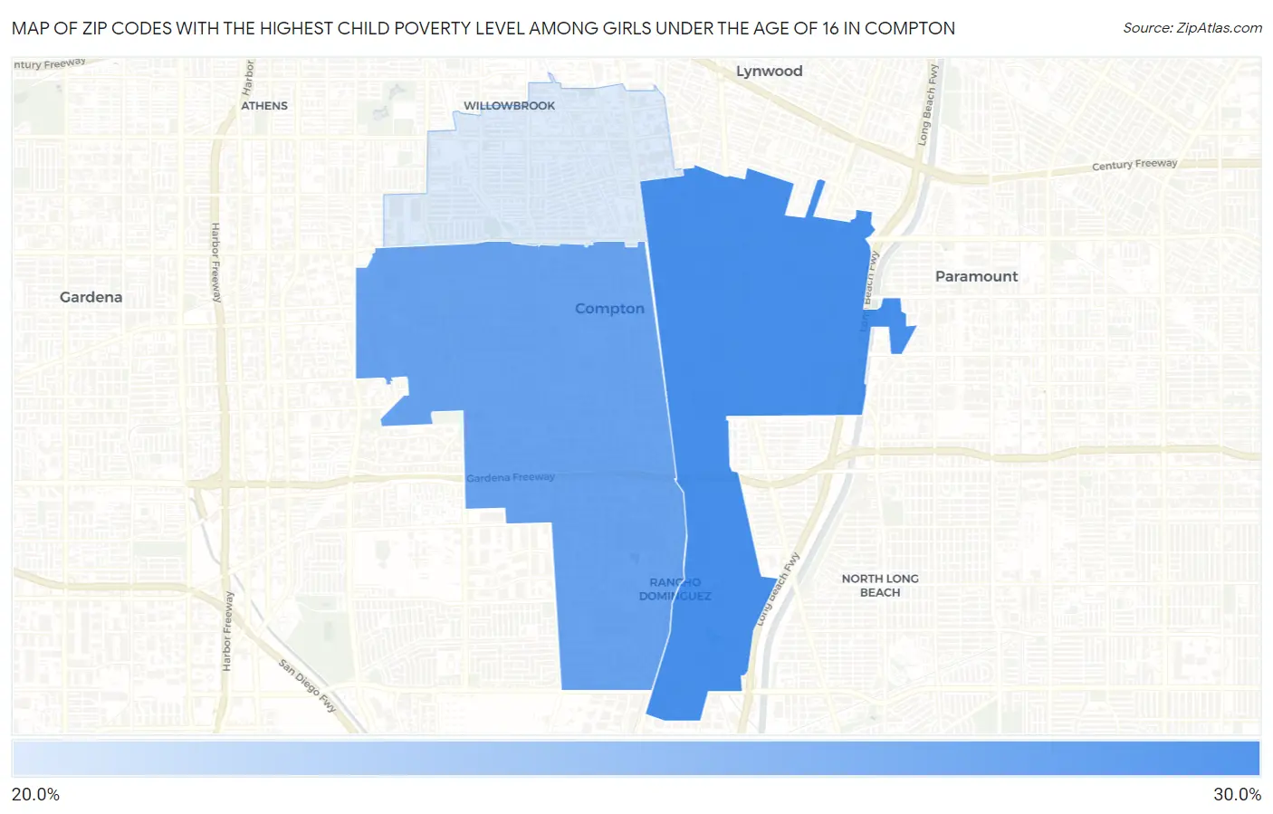 Zip Codes with the Highest Child Poverty Level Among Girls Under the Age of 16 in Compton Map
