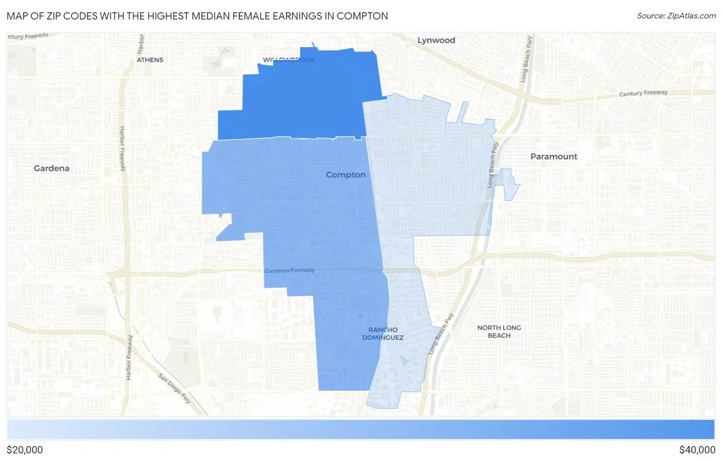 Zip Codes with the Highest Median Female Earnings in Compton Map