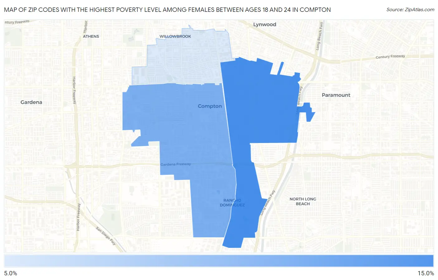 Zip Codes with the Highest Poverty Level Among Females Between Ages 18 and 24 in Compton Map