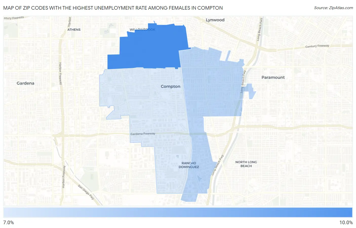 Zip Codes with the Highest Unemployment Rate Among Females in Compton Map