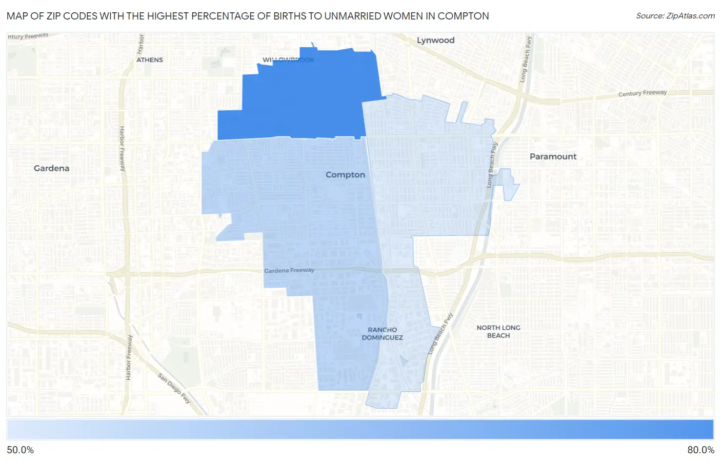 Zip Codes with the Highest Percentage of Births to Unmarried Women in Compton Map