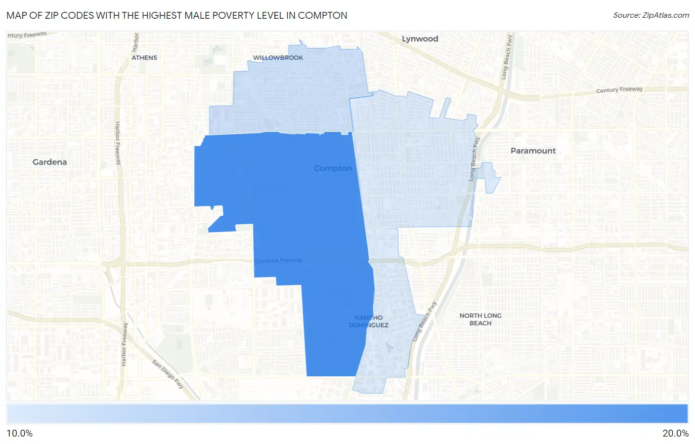 Zip Codes with the Highest Male Poverty Level in Compton Map