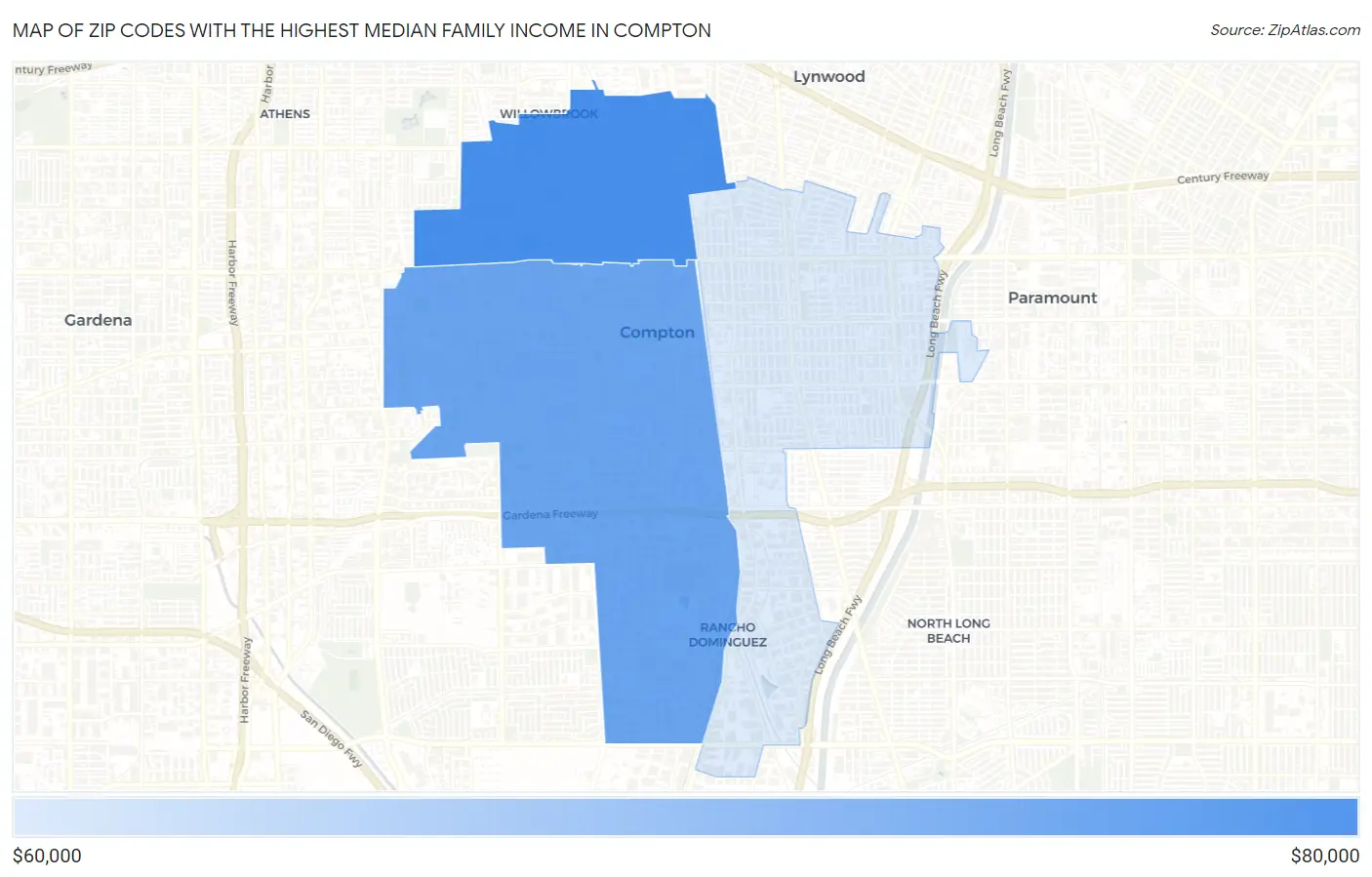 Zip Codes with the Highest Median Family Income in Compton Map