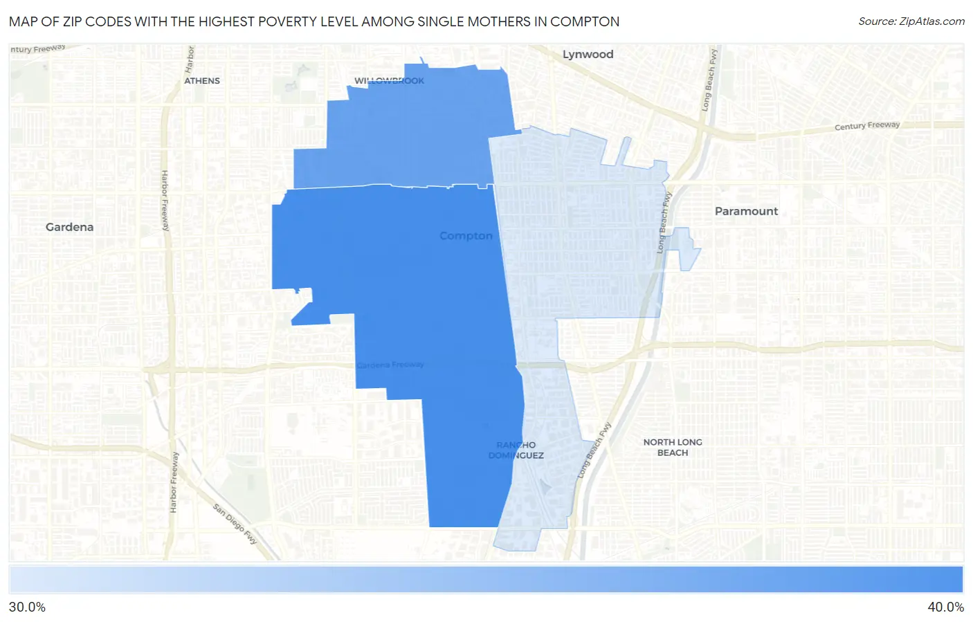 Zip Codes with the Highest Poverty Level Among Single Mothers in Compton Map