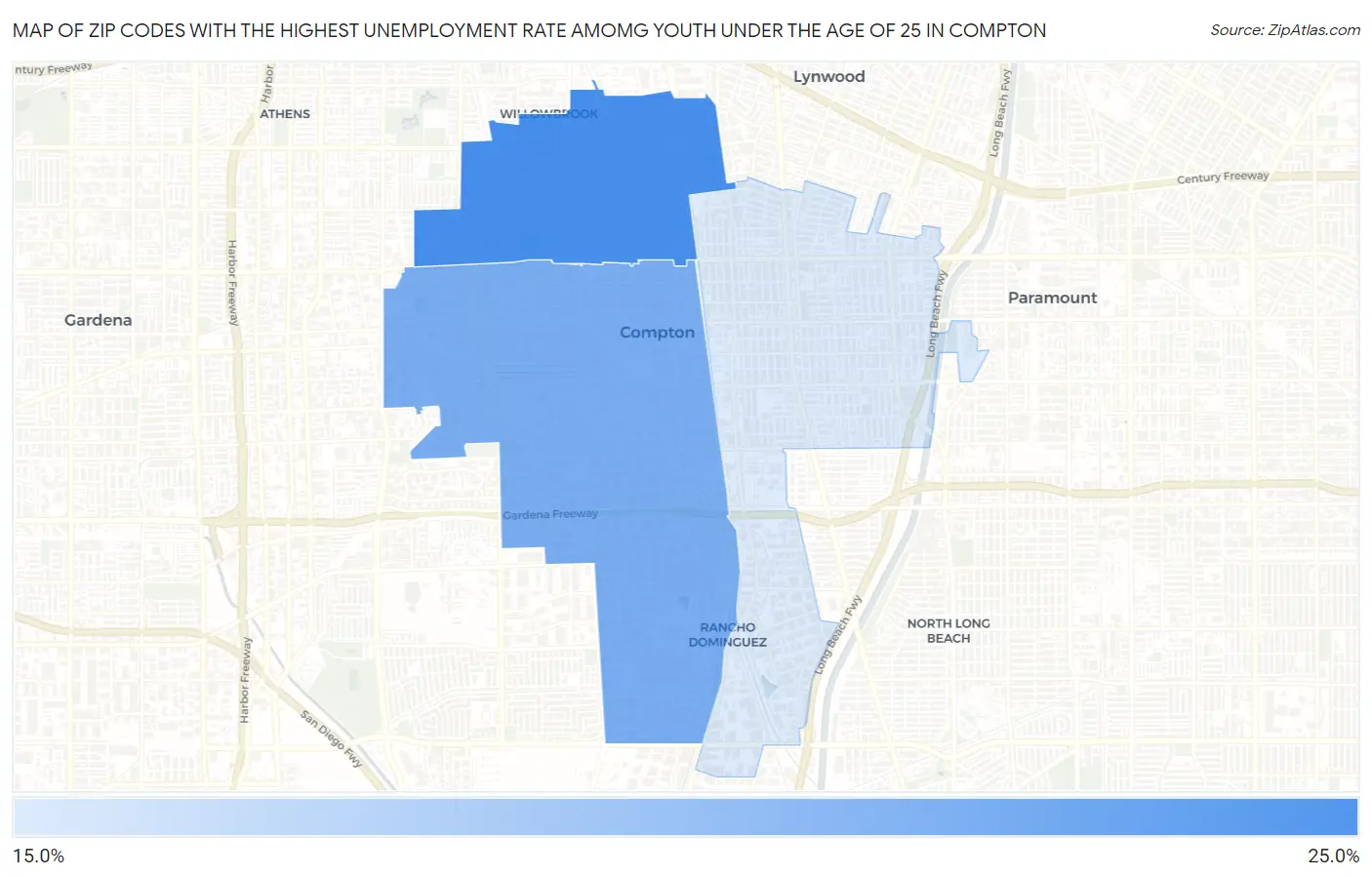 Zip Codes with the Highest Unemployment Rate Amomg Youth Under the Age of 25 in Compton Map
