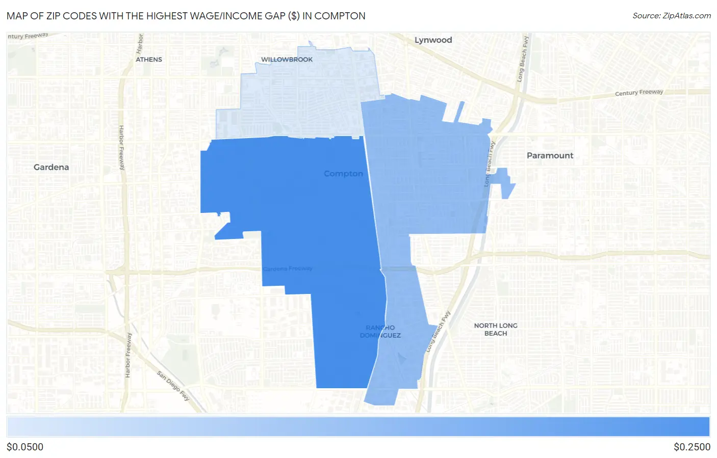 Zip Codes with the Highest Wage/Income Gap ($) in Compton Map