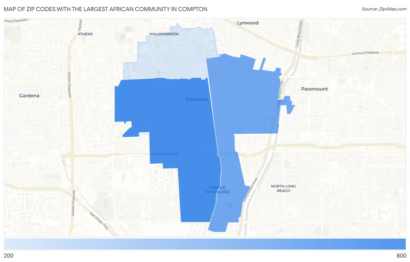 Zip Codes with the Largest African Community in Compton Map