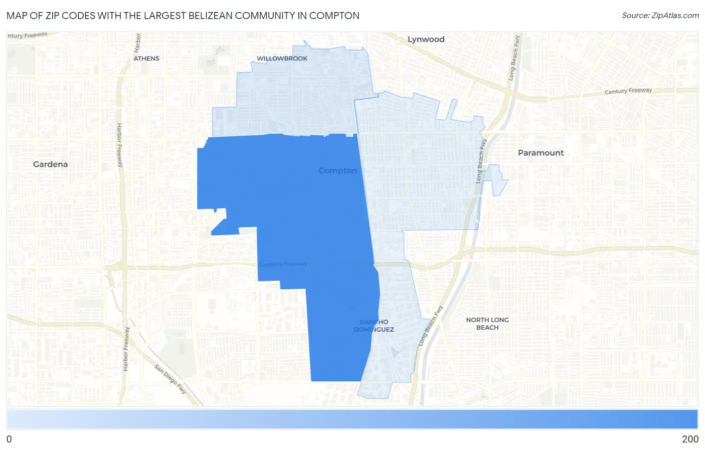 Zip Codes with the Largest Belizean Community in Compton Map