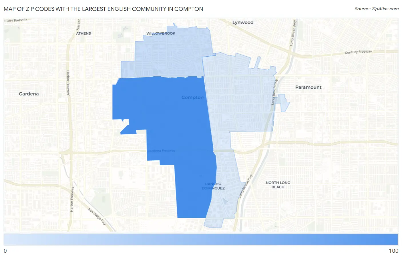 Zip Codes with the Largest English Community in Compton Map