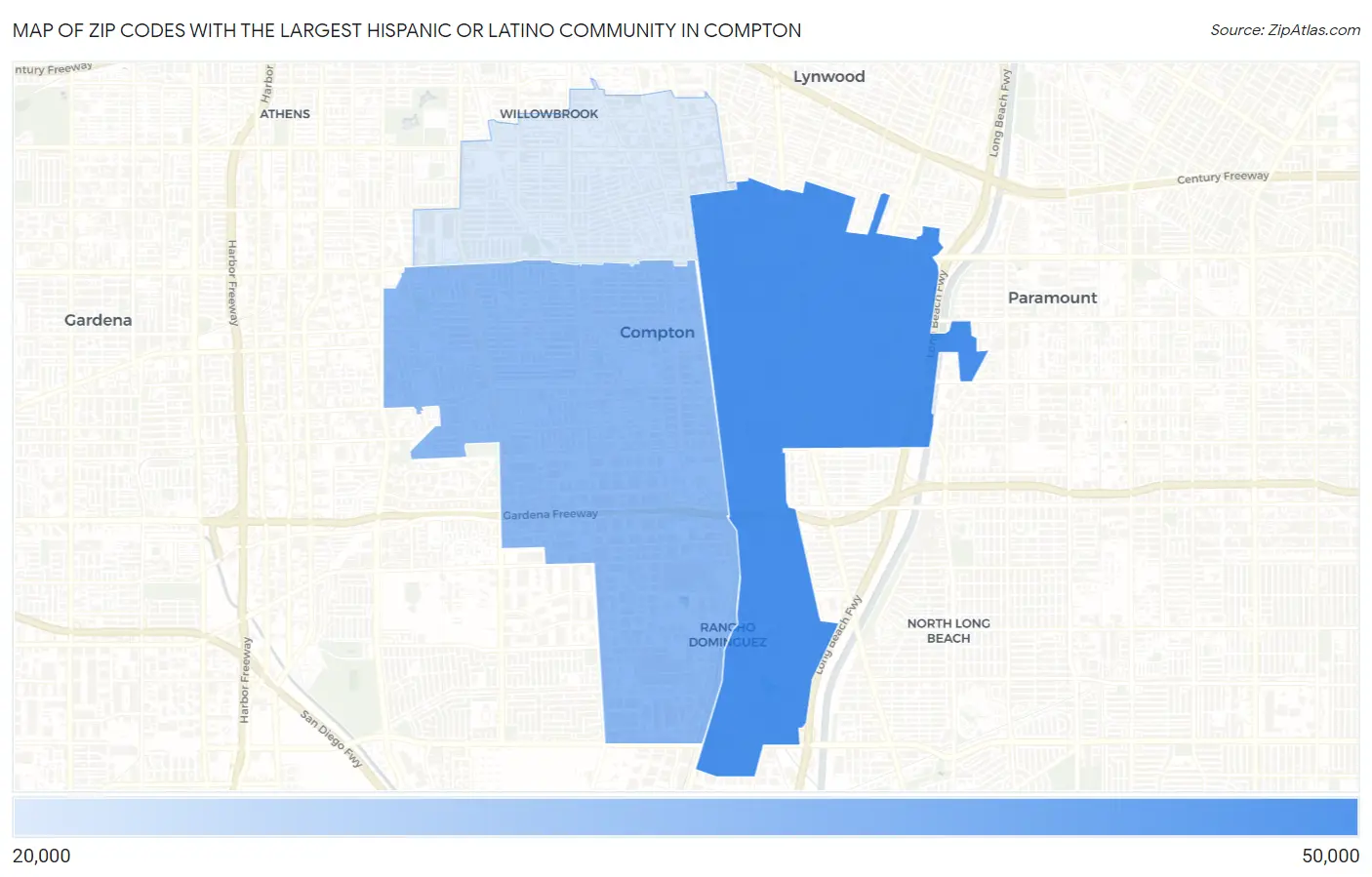 Zip Codes with the Largest Hispanic or Latino Community in Compton Map